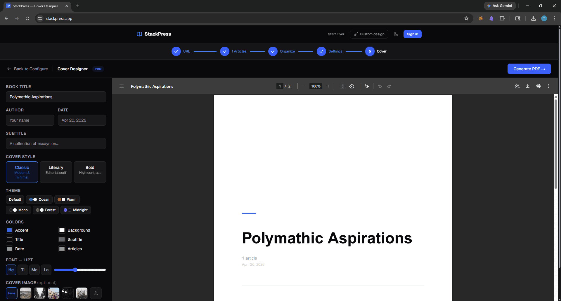 Cover Designer — sidebar controls on the left, live PDF preview on the right